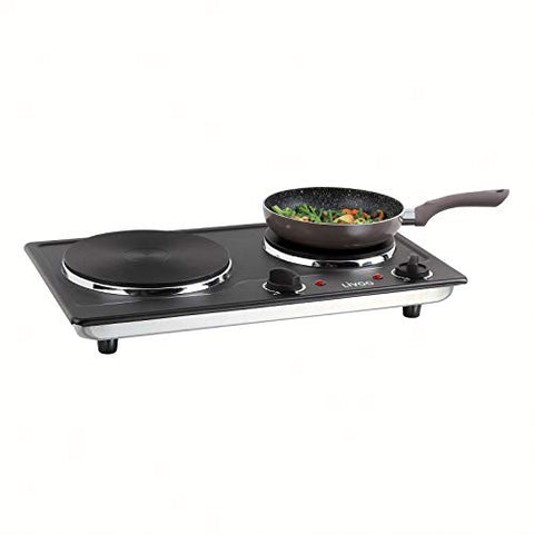 Cocina doble con 2 fuegos para camping, 5 niveles (eléctrica, 2500 W, portátil, 2 termostatos), color negro