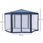 Outsunny Carpa Gazebo Tipo Cenador Hexagonal con Mosquitera para Jardín y Terraza φ3.9m Material de Poliéster Repelente al Agua (Azul)