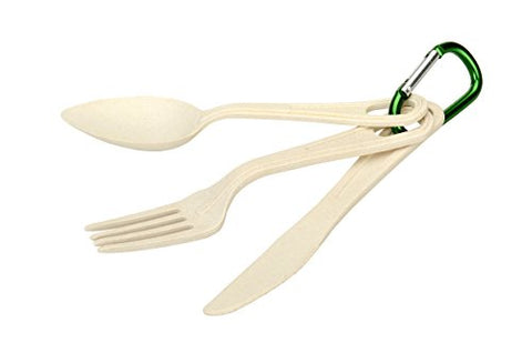 OZtrail Set de Cubiertos de Bambu. Biodegradables. Tenedor, Cuchara y Cuchillo Picnic y Acampada. Viene con mosquetón. 17cm de Largo. OCP-BAMCS-D