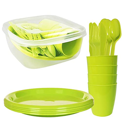 Vajilla Camping 4 Personas -Picnic Set - Vajilla Camping con Cubiertos Camping - Camping Accesorios 4 Personas - Platos y Cubiertos Camping - Vajilla para Camping (Verde)