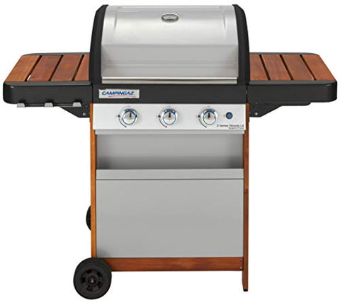 Barbacoa de gas Campingaz 3 Series Woody LX con 3 quemadores de acero inoxidable y bandejas laterales plegables de madera, barbacoa de pie con tapa y termómetro, sistema de limpieza InstaClean