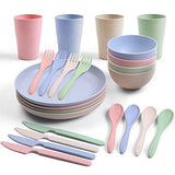 Odoland Cubiertos y Platos Kit de Trigo Ecológico para Acampar 24 Piezas con Platos Cuencos Tazas Tenedores Cucharas Cuchillos y Bolsa Portátil, Kit de Picnic para 4 Personas, Vajilla de Camping