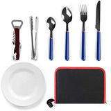 Odoland 8 Piezas Kit de Cubiertos para Camping, Juego de Utensilios para Picnic, Cubiertos de Cocina para Acampar, Tenedor Cucharas, Cuchillo, Abridor de Vino, Plato, Azul