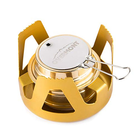 Overmont Mini Estufa de alcohol de cobre, hornillos de acampada con soporte de aleación de aluminio cortavientos portátil color Oro /Gris /Verde de Oliva