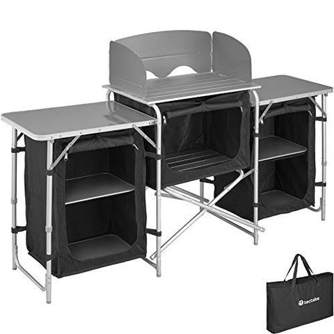 tectake 800747 Cocina de Camping, Aluminio, Plegable para Exteriores, Patas Ajustables, Compartimentos, Negro, Incl. Bolsa de Transporte - Varios Modelos (Tipo 1 | No. 403344)