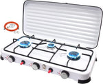 Qdreclod Hornillo de gas para camping, 3 fuegos, con manguera de conexión y reductor de presión, portátil, con tapa resistente al viento, adecuado para ollas con diferentes diámetros