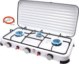 Qdreclod Hornillo de gas para camping, 3 fuegos, con manguera de conexión y reductor de presión, portátil, con tapa resistente al viento, adecuado para ollas con diferentes diámetros