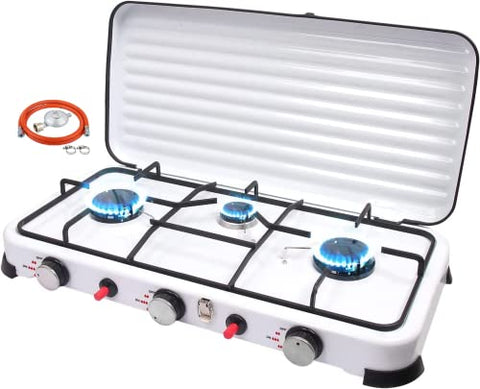 Qdreclod Hornillo de gas para camping, 3 fuegos, con manguera de conexión y reductor de presión, portátil, con tapa resistente al viento, adecuado para ollas con diferentes diámetros