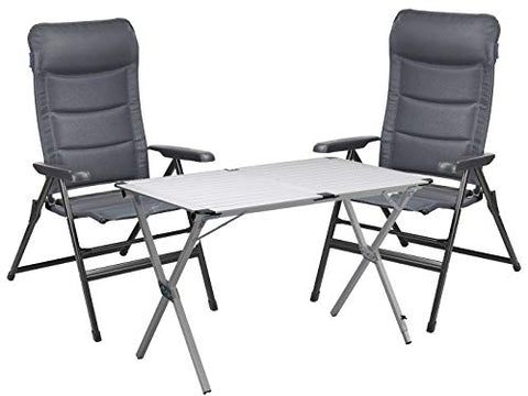 CAMPART TRAVEL Juego de camping para 2 personas, mesa plegable de 110 x 70 cm con placa de aluminio y 2 sillas plegables en color gris