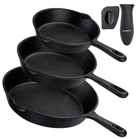 Overmont Pre-sazonado Sartén Ollas de Hierro Fundido para Freír, Utensilios de Cocina Seguros para Estufa, Barbacoa, Fogata, Varios Tamaños, Negro