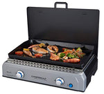 CAMPINGAZ Blue Flame LX - Barbacoa de Gas con Placa esmaltada y 2 quemadores de Acero, Parrilla de Mesa con tecnología BlueFlame para Parrilla mediterránea a la Plancha, Gris