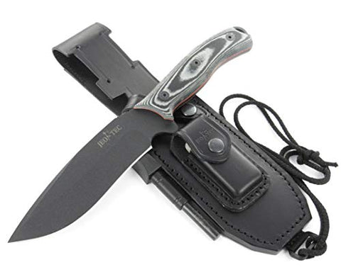 JEO-TEC Nº9 Cuchillo Supervivencia Caza Monte bushcraft Camping Outdoor Campo - Funda de Piel con pedernal y Piedra afilar incluidos - Acero MOVA-58 - Fabricado en España