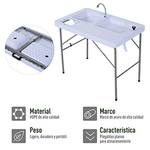 Outsunny Mesa Plegable de Picnic con Fregadero Grifo y Pistola de Riego  Extensible para Camping Barbacoa Exterior 114,5x59x94,5 cm Blanco  114,5x59x94,5cm