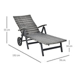 Outsunny Tumbona de Jardín de Ratán 192x74x55 cm con Respaldo Reclinable en 7 Posiciones Reposabrazos y Ruedas Marco de Aluminio para Patio Terraza Balcón Gris