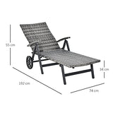 Outsunny Tumbona de Jardín de Ratán 192x74x55 cm con Respaldo Reclinable en 7 Posiciones Reposabrazos y Ruedas Marco de Aluminio para Patio Terraza Balcón Gris