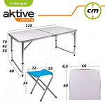 Aktive Mesa maletín regulable en altura con 4 taburetes para camping