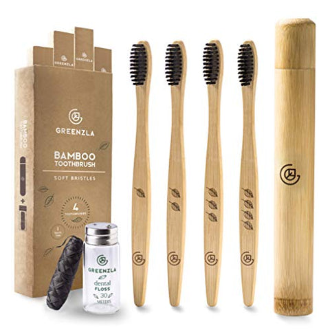 Cepillo de Dientes de Bambú de Greenzla (4 Paq.) con estuche de viaje y seda dental de carboncillo - Cepillos de dientes naturales y ecológicos para adultos sin BPA, de cerdas suaves y biodegradable
