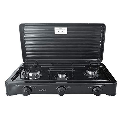 SMILE KN-03/1KB - Cocina de Gas Portátil para Camping, Hornillo Portátil, 3 Quemadores Ajustables, Tapa Desmontable, Negro