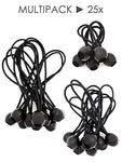 LUCIAMO ® Tensores - la alternativa inteligente a las ataduras de cables - 25 piezas 100/150/200mm, negro - con bola I gomas tensoras I elástica para tiendas de campaña I cuerdas para lona