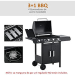 Outsunny Barbacoa de Gas BBQ con Ruedas Parrilla Gas con 3+1 Quemadores de 11,6 KW 2 Mesas Laterales y Termómetro Acero 110x50x100 cm Negro