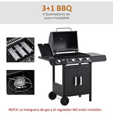 Outsunny Barbacoa de Gas BBQ con Ruedas Parrilla Gas con 3+1 Quemadores de 11,6 KW 2 Mesas Laterales y Termómetro Acero 110x50x100 cm Negro