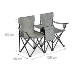 Relaxdays Silla Camping Doble, Plegable, Asiento Playa y Pesca, Compacta y Portátil, Posavasos, 80 x 139 x 46 cm, Gris