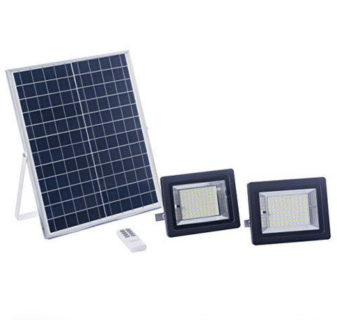 Kit de Placa Solar y Luz LED 100W, Iluminación Exterior con Panel Solar, Batería, Mando a Distancia, Autonomía 8-15 Horas (Luz Neutra 4000K, 2 Focos, 100W)