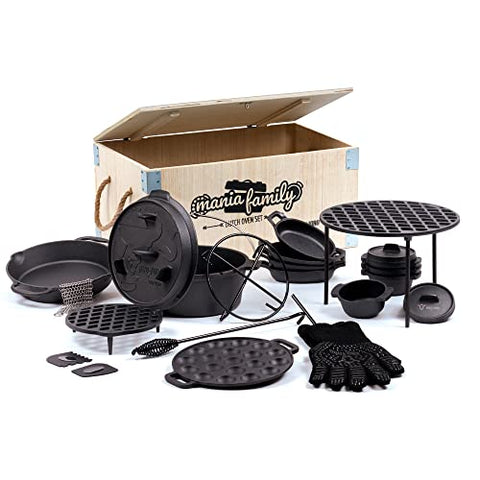 BBQ-Toro Juego de de Olla Holandesa en Caja de Madera "Mania Family" | 19 Piezas