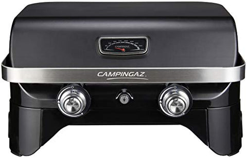 CAMPINGAZ Attitude 2100 LX Barbacoa de gas, barbacoa de mesa portátil con 2 quemadores de acero, 5 kW de potencia , para camping con tapa, termómetro y parrilla de hierro fundido, 2000038741