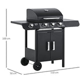 Outsunny Barbacoa de Gas BBQ con Ruedas Parrilla Gas con 3+1 Quemadores de 11,6 KW 2 Mesas Laterales y Termómetro Acero 110x50x100 cm Negro