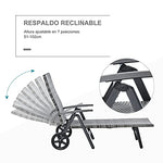 Outsunny Tumbona de Jardín de Ratán 192x74x55 cm con Respaldo Reclinable en 7 Posiciones Reposabrazos y Ruedas Marco de Aluminio para Patio Terraza Balcón Gris