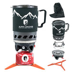 Alpin Loacker Storm Kit Pro Camping Cocina de gas con encendido piezoeléctrico I Cocina de gas exterior e interior I Hornillo de camping con olla de 1000 ml I Premium Camping Cocina pequeña y ligera