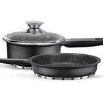 Set de Cocina Titanio de 25 Piezas | 4 Tapas de Vidrio Templado | Aluminio + Titanio y fondo de piedra antiadherente | Base Multisuperficie incluida HORNO