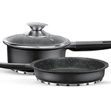 Set de Cocina Titanio de 25 Piezas | 4 Tapas de Vidrio Templado | Aluminio + Titanio y fondo de piedra antiadherente | Base Multisuperficie incluida HORNO