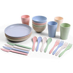 Odoland Cubiertos y Platos Kit de Trigo Ecológico para Acampar 24 Piezas con Platos Cuencos Tazas Tenedores Cucharas Cuchillos y Bolsa Portátil, Kit de Picnic para 4 Personas, Vajilla de Camping