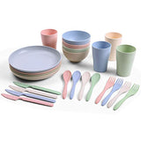 Odoland Cubiertos y Platos Kit de Trigo Ecológico para Acampar 24 Piezas con Platos Cuencos Tazas Tenedores Cucharas Cuchillos y Bolsa Portátil, Kit de Picnic para 4 Personas, Vajilla de Camping