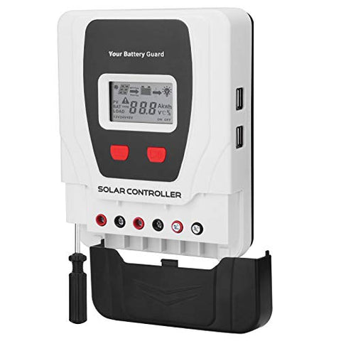 Regulador de carga solar 30 A, compatible con baterías de gel sellado Li, cubierta deslizante oculta el terminal y cables desordenados, destornillador integrado