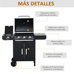 Outsunny Barbacoa de Gas BBQ con Ruedas Parrilla Gas con 3+1 Quemadores de 11,6 KW 2 Mesas Laterales y Termómetro Acero 110x50x100 cm Negro