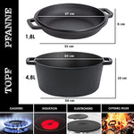 KESSER® Horno holandés 2 en 1, olla de hierro fundido 4,8 l y sartén 1,8 l quemados, listo para usar incl. libro de cocina, cacerola de doble función, tapa/sartén para cocina, camping