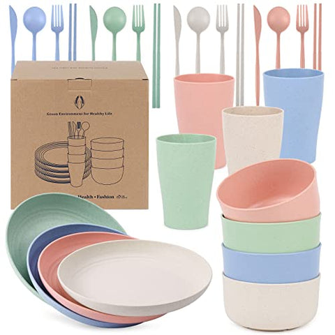 Czemo Vajilla de camping 4 Personas, Juego de Platos Camping Platos y Cubiertos Kit de Camping con Platos, Cuencos, Tazas, Tenedores, Cucharas para Picnic Senderismo Trekking