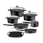 Set de Cocina Titanio de 25 Piezas | 4 Tapas de Vidrio Templado | Aluminio + Titanio y fondo de piedra antiadherente | Base Multisuperficie incluida HORNO