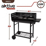 AKTIVE 52897 - Barbacoa carbón y leña de doble parrilla 97 x 42 x 96 cm; 2 alturas regulables, depósito de cenizas extraíble y fácil de limpiar, bandeja para utensilios, 2 ruedas para fácil transporte