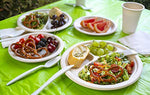 Dakimasu Platos y Cubiertos Desechables - 130 Piezas - Juego Completo para Fiestas y Picnic con Platos, Cucharas, Tenedores, Cuchillos, Tazas, Servilletas, Manteles - Compostable y Eco Friendly