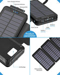 Cargador Solar 26800mAh, Power Bank Solar con 2 Salidas USB y 1 Entrada Micro USB, Impermeable Batería Externa con 4 Paneles Solar Linterna LED para iPhone Android Tabletas Cámara Viajes Camping