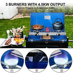 Camplux JK-5330 Hornillo a Gas Portátil, Estufa de Gas de Tres Quemadores, para Camping o Festivales, Gas Butano/ Propano, 4,5kW