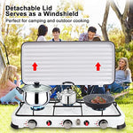 Qdreclod Hornillo de gas para camping, 3 fuegos, con manguera de conexión y reductor de presión, portátil, con tapa resistente al viento, adecuado para ollas con diferentes diámetros