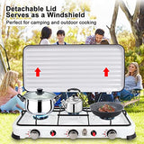 Qdreclod Hornillo de gas para camping, 3 fuegos, con manguera de conexión y reductor de presión, portátil, con tapa resistente al viento, adecuado para ollas con diferentes diámetros