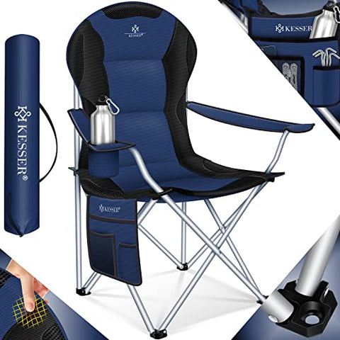 KESSER® Silla de Camping Plegable hasta 150 kg, Silla Plegable Acolchada con reposabrazos y Soporte para Bebidas + Bolsillo con Respaldo Alto, Silla de Playa, Taburete Plegable