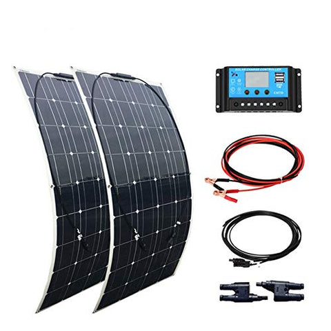 kit de Placa Solar 2pcs 100w módulo monocristalino flexible 20A controlador para automóvil, embarcaciones, marina, autocaravana, caravanas, batería de 12v (Blanco)