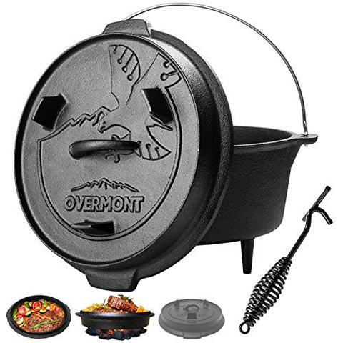 Overmont Dutch Oven Olla Horno Holandesa de Hierro Fundido Cazuela con Elevador y Soporte para la Tapa y Las piernas 5.7L / 6Quart (Olla + Tapa)